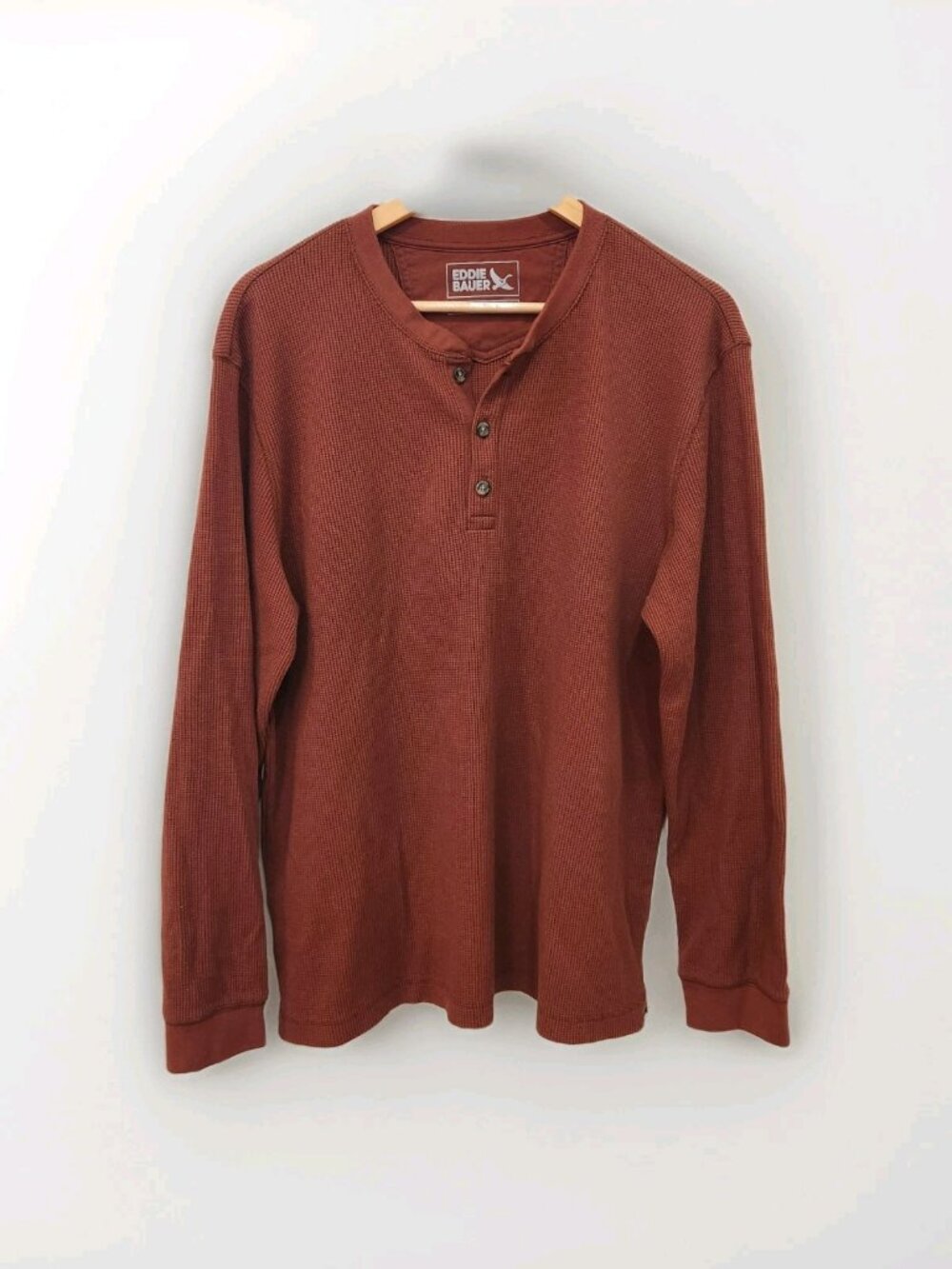 Eddie Bauer Mens Thermal Henley Shirt Sweater Red Large Waffle Knit Long Sleeve
